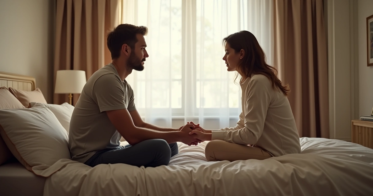 Casal conversando com calma sentado na cama 