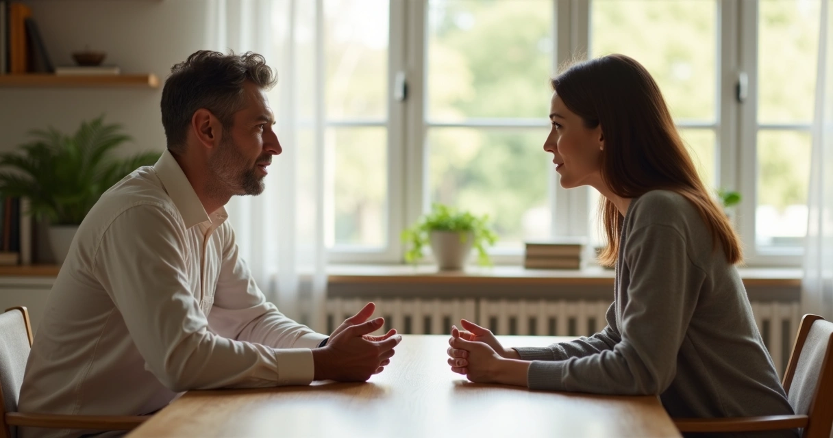 Casal sentado frente a frente conversando de forma tranquila e conectada 