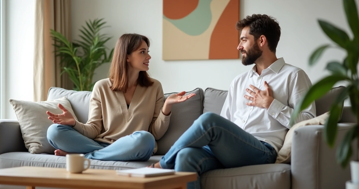 Casal sentado no sofá conversando com calma e respeito 