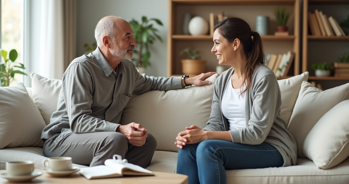 Casal em conversa sincera e calma no sofá de casa 