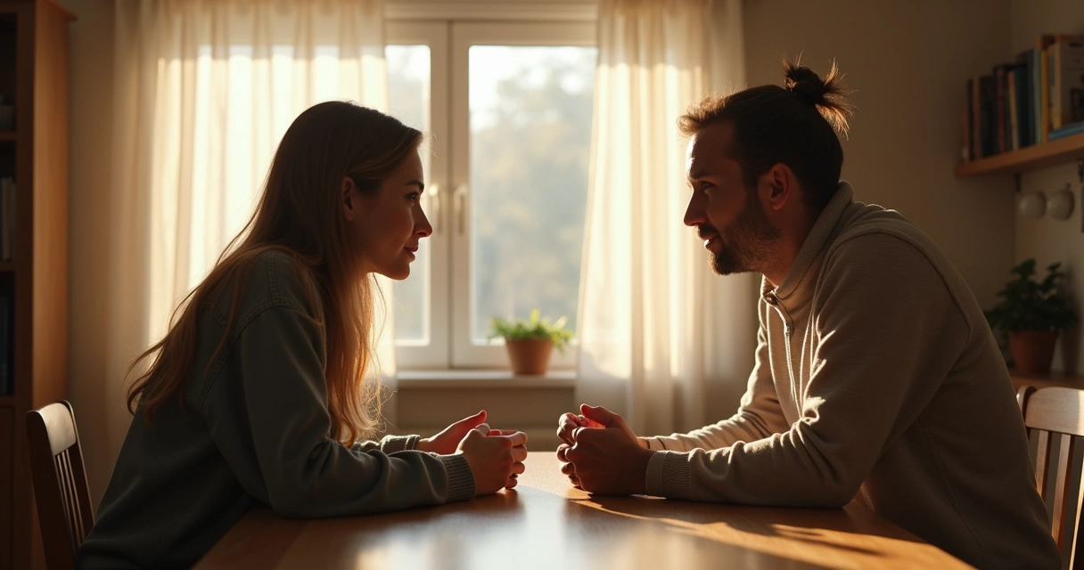 Casal sentado à mesa conversando de modo sereno em casa 