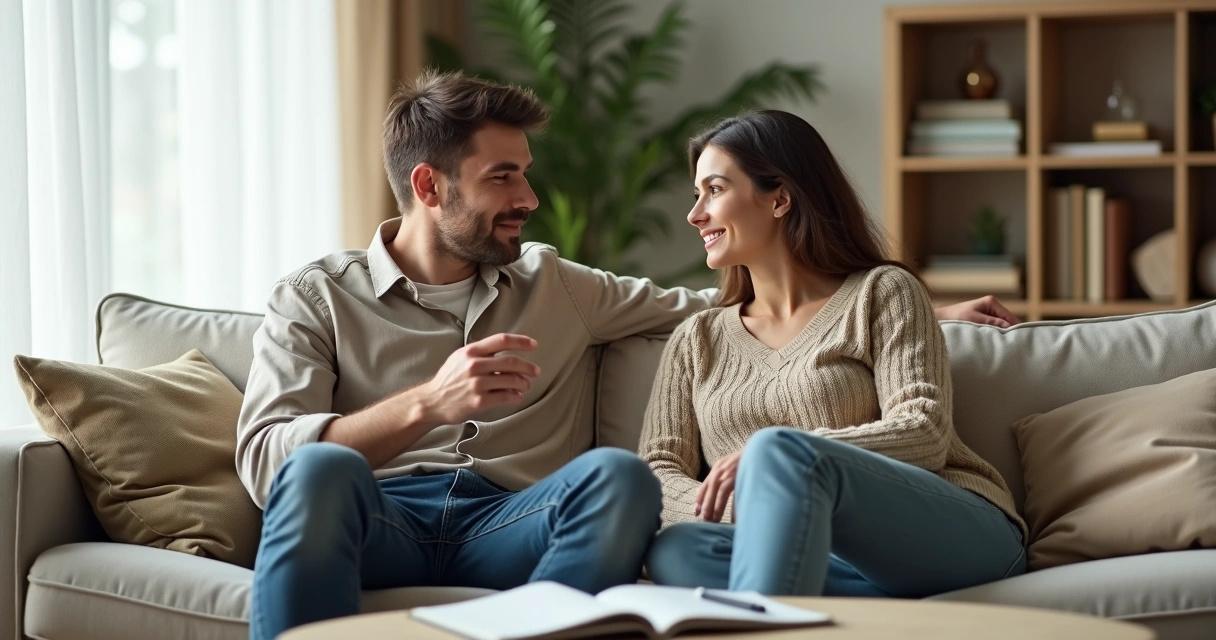 Casal conversando no sofá com expressão atenta em ambiente acolhedor 