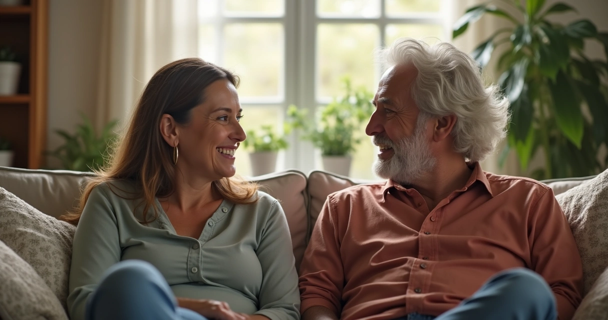 Casal conversando sentados em casa, com expressão de tranquilidade 
