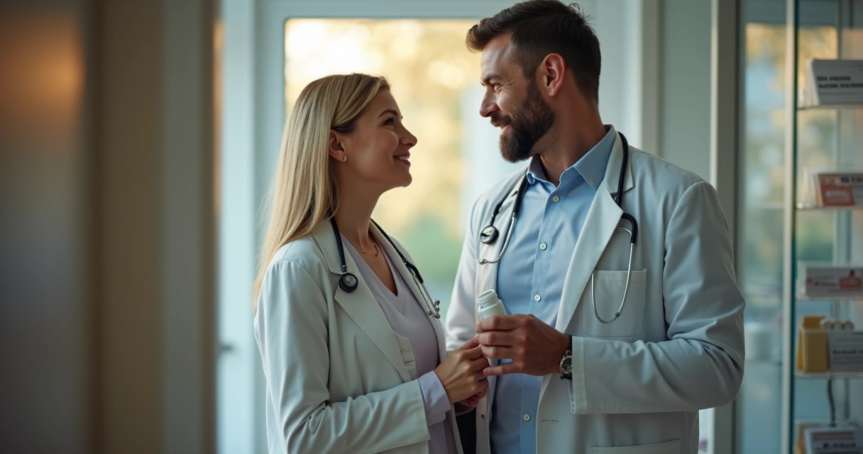 Casal sentado de frente conversando em consultório médico 