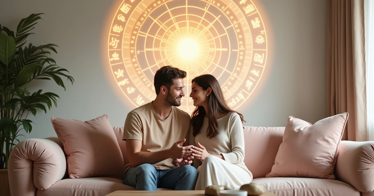 Casal sentado no sofá conversando com mapa astral ao fundo 