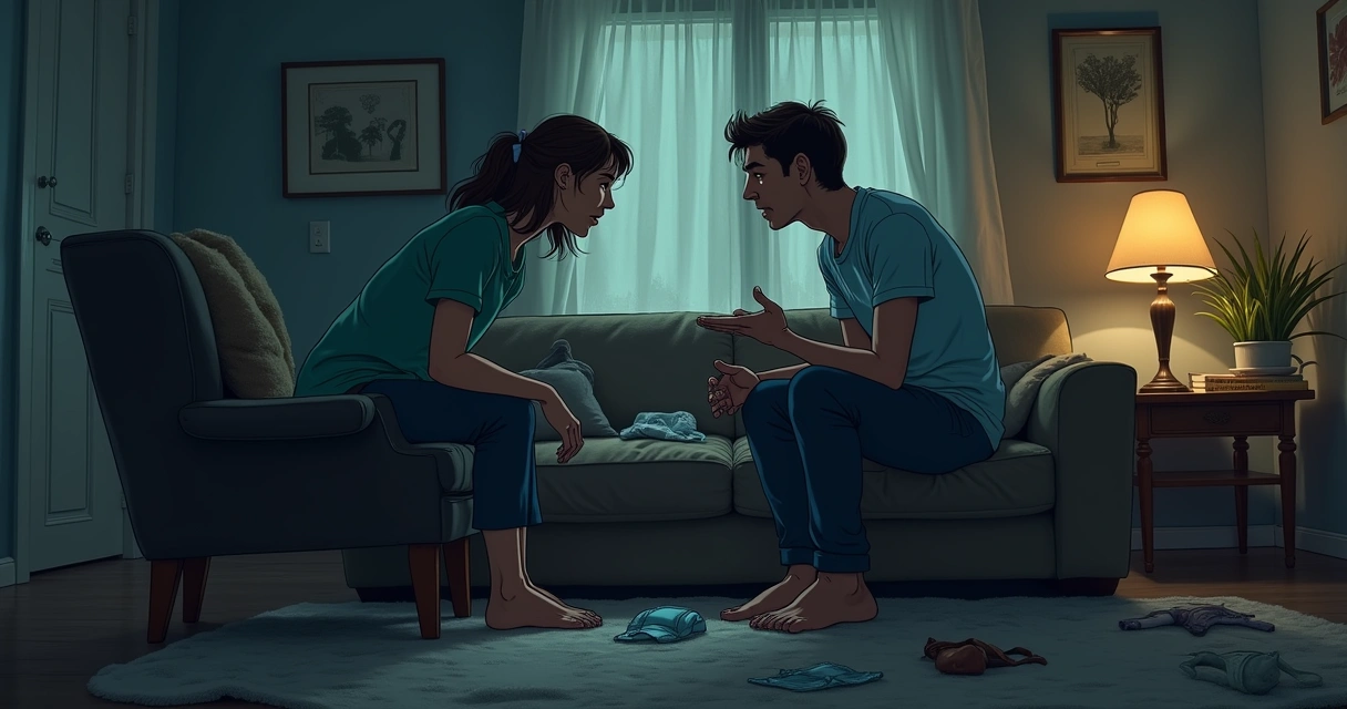 Casal discutindo intensamente em sala com clima tenso 