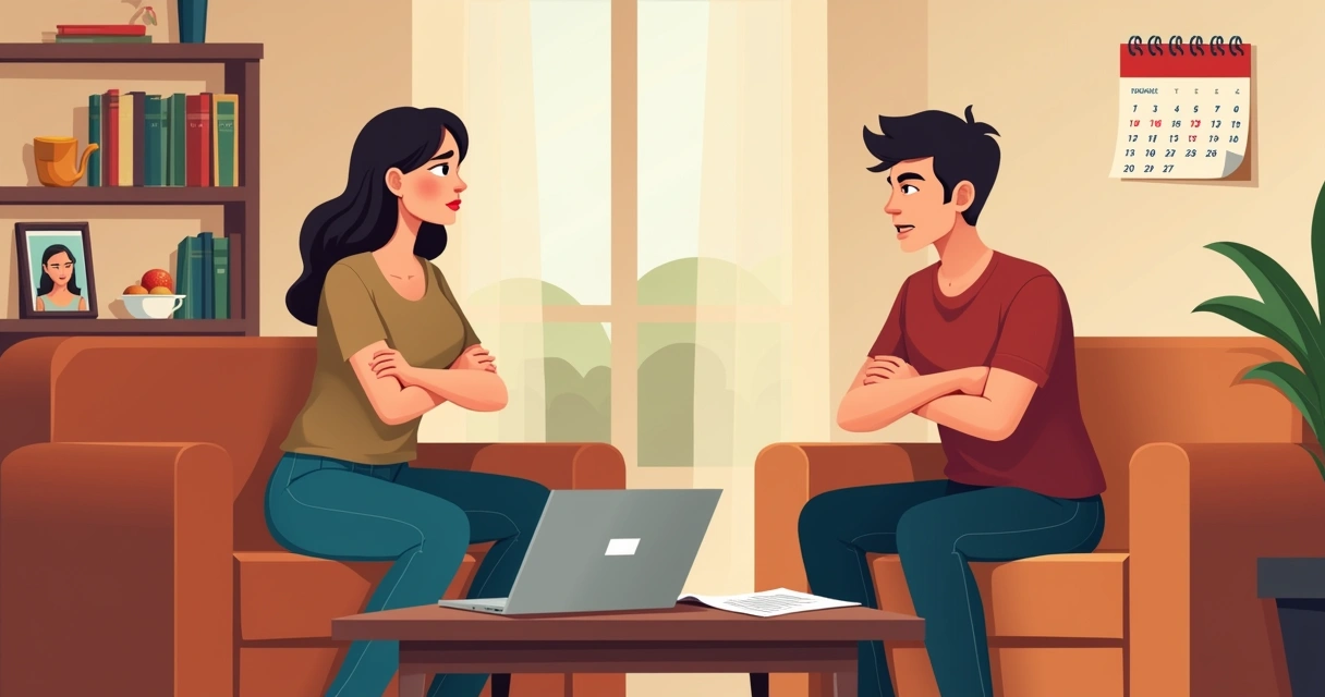 Um casal em um momento tenso de discussão em uma sala de estar aconchegante, com um laptop mostrando busca por advogado.