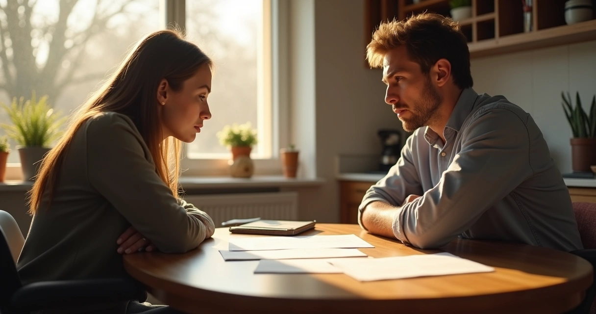 Casal sentado à mesa discutindo com expressões tensas 
