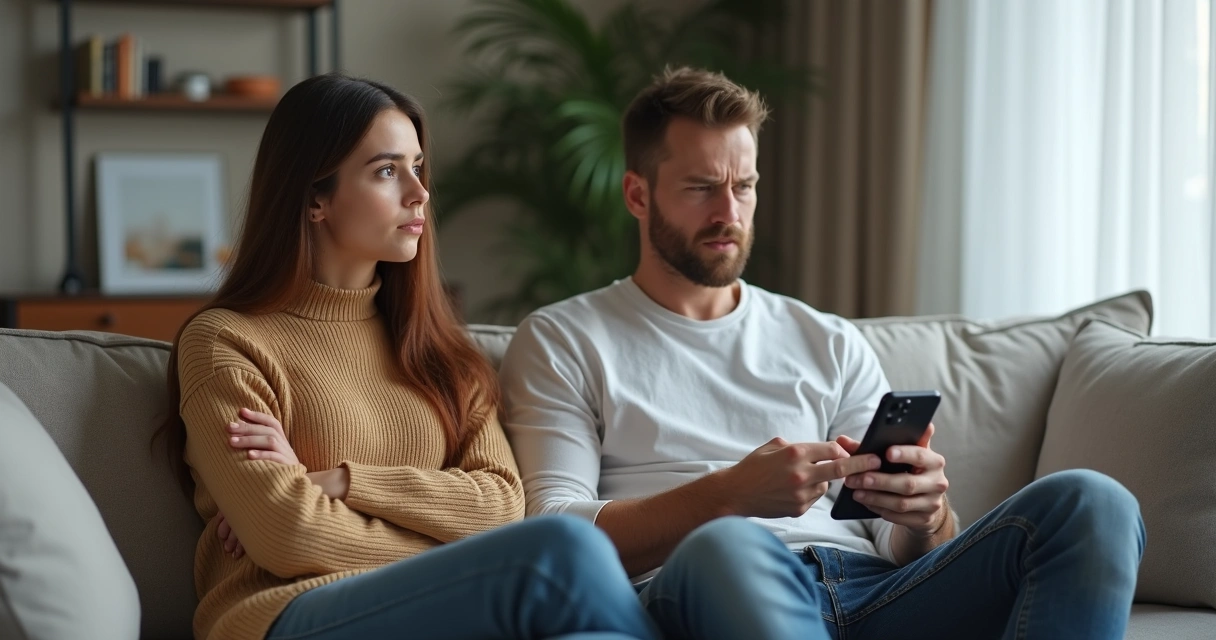Casal sentado no sofá discutindo, ambos com expressão preocupada, celular entre eles