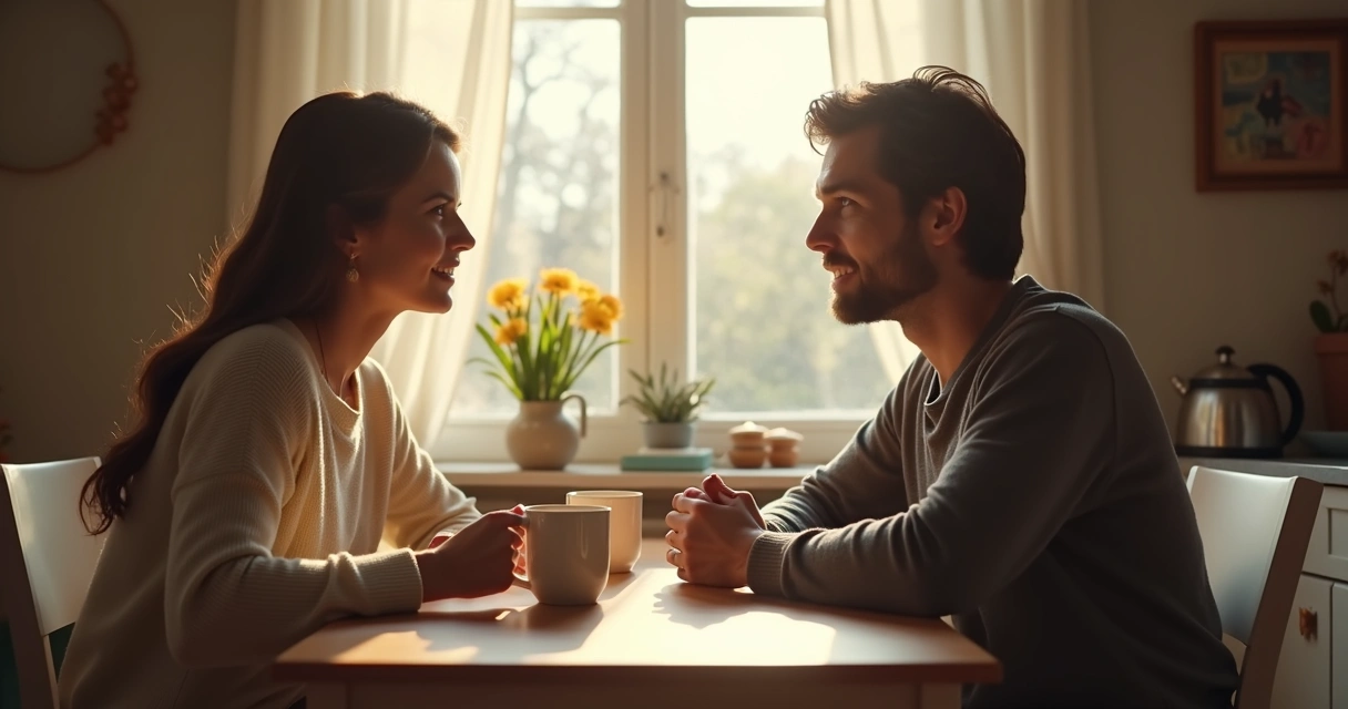 Casal discutindo com empatia na mesa de café 