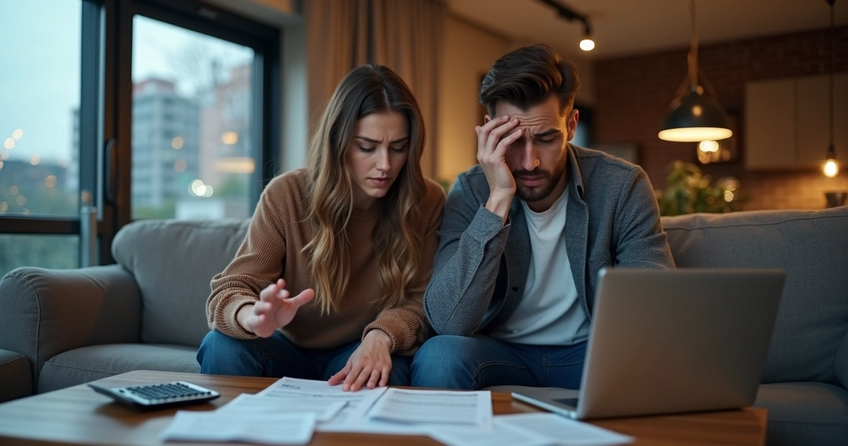 Casal sentado no sofá discutindo contas, expressando dúvida e preocupação. 