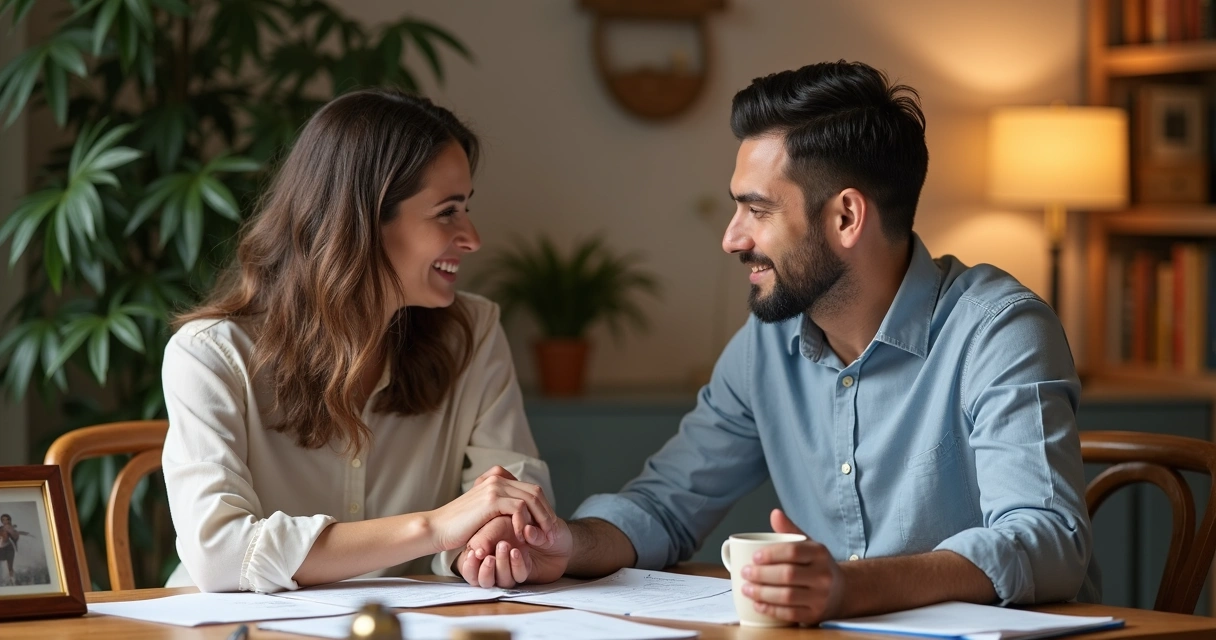 Casal sentados à mesa revisando orçamentos com papel, cadernos e xícaras de café 