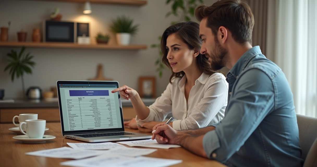 Casal sentado na mesa discutindo planilha de gastos