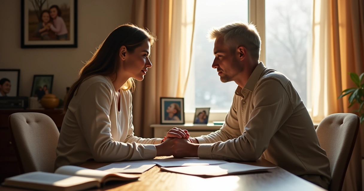 Casal sentado conversando e analisando juntos papéis sobre relacionamento 
