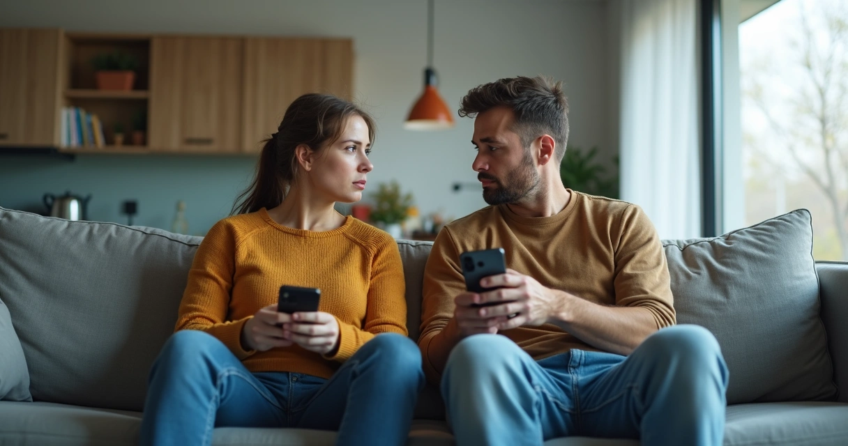 Duas pessoas sentadas com espaço entre elas em um sofá