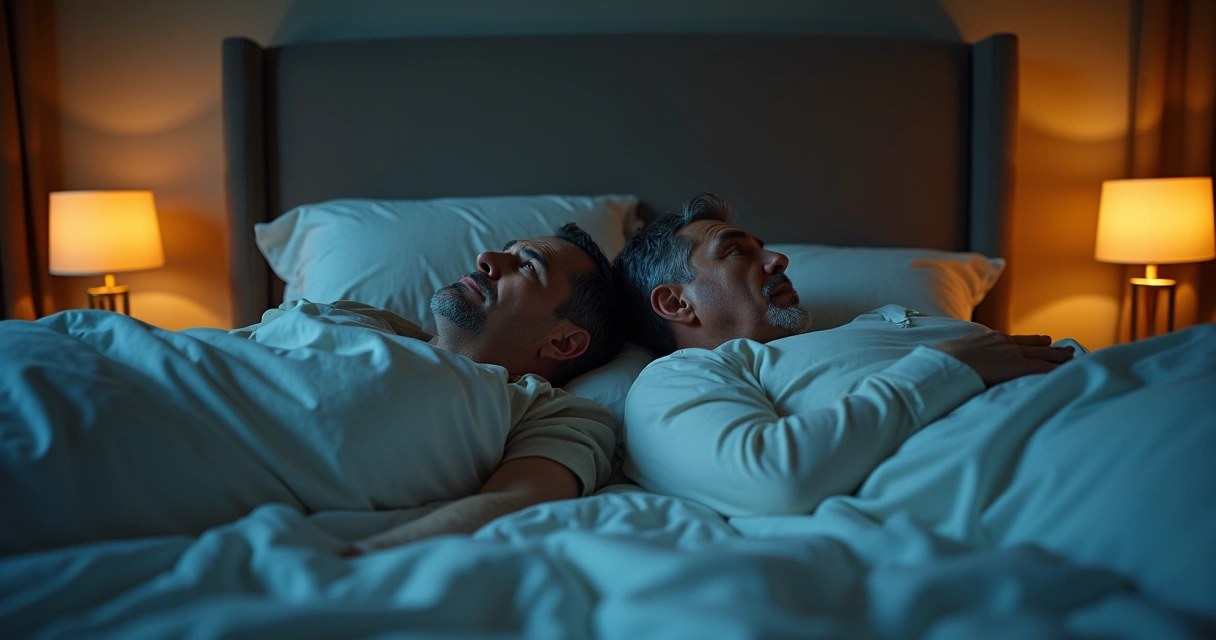 Casal afastado na cama, de costas um para o outro, em um quarto com pouca luz