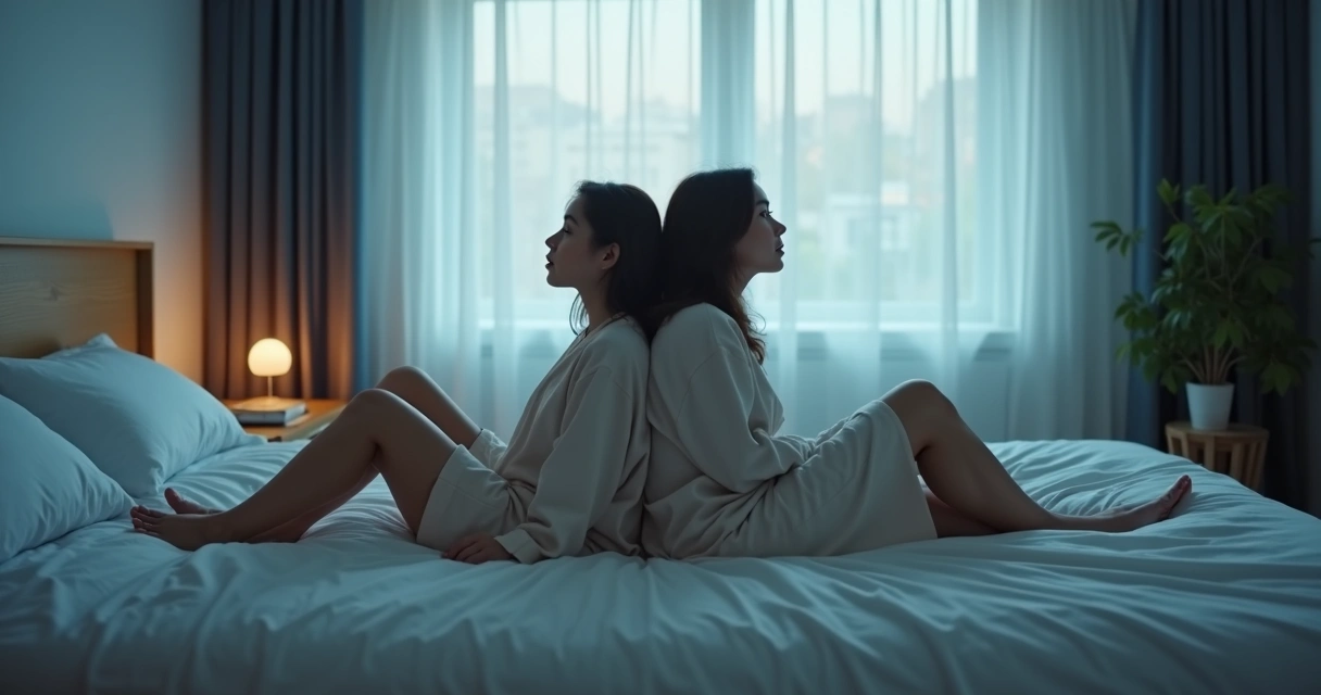 Casal de costas um para o outro em cama iluminada por luz suave da janela 