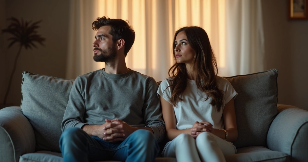Casal sentado em um sofá, olhando para lados opostos, com distância física entre eles 