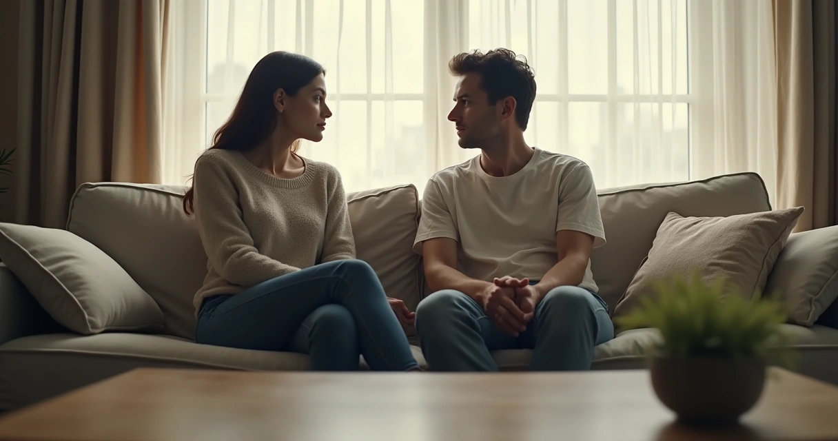 Casal sentado distante no sofá em ambiente silencioso 