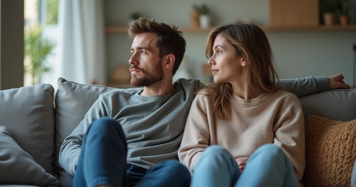 Casal sentado em sofá, distante um do outro 