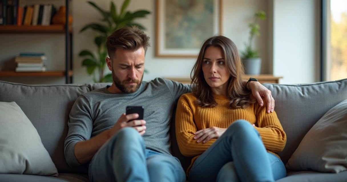 Casal em sofá olhando em direções opostas mostrando distância emocional 