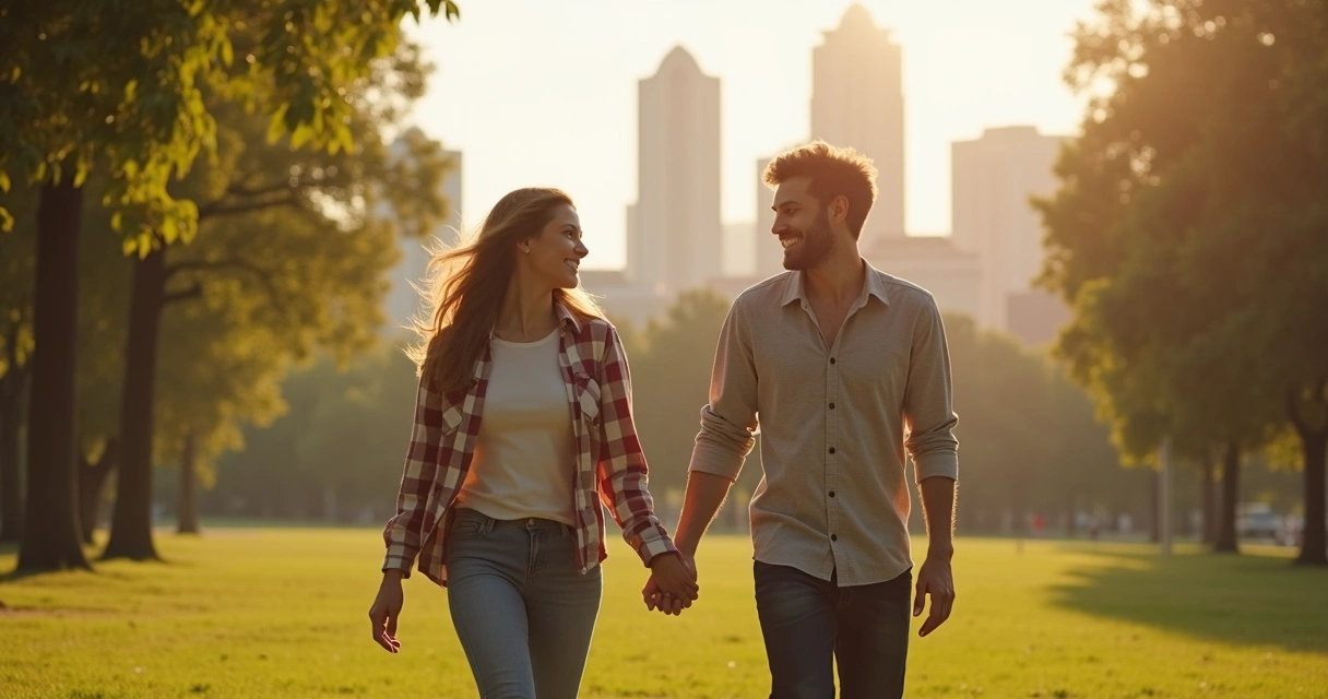 Casal de mesmo sexo caminhando de mãos dadas em parque urbano