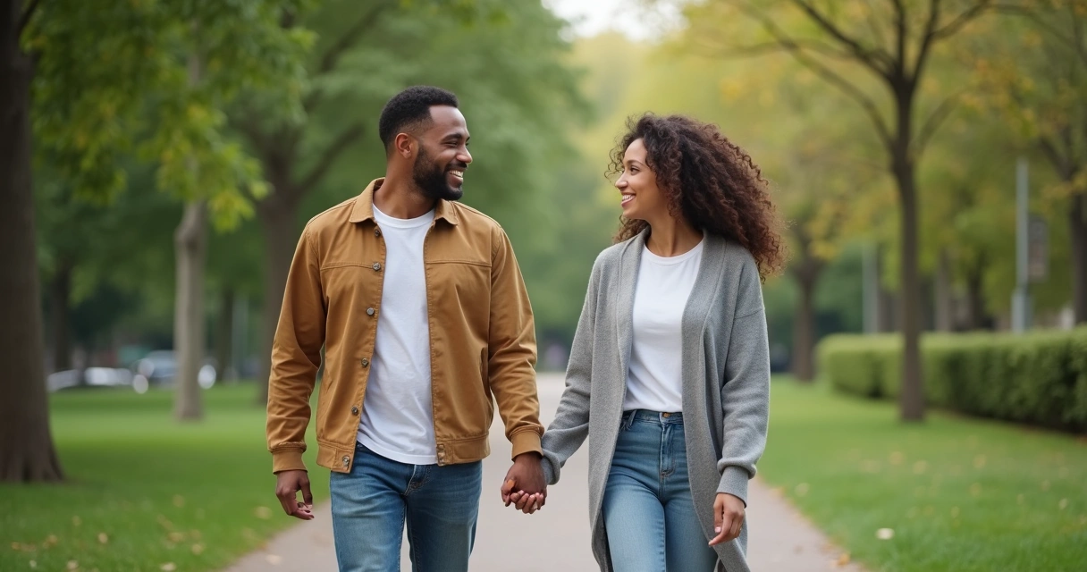 Casal sorrindo em um parque, demonstrando afeto e diversidade de gênero