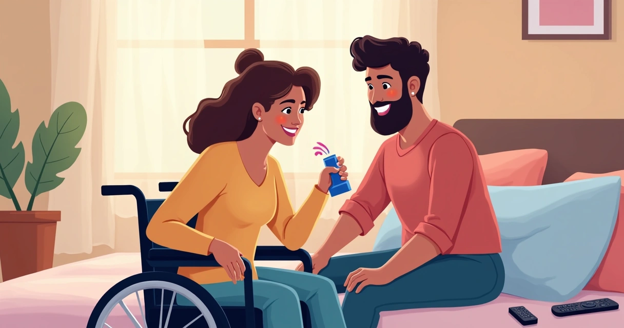 Casal com deficiência usando brinquedo sexual acessível em ambiente confortável. 
