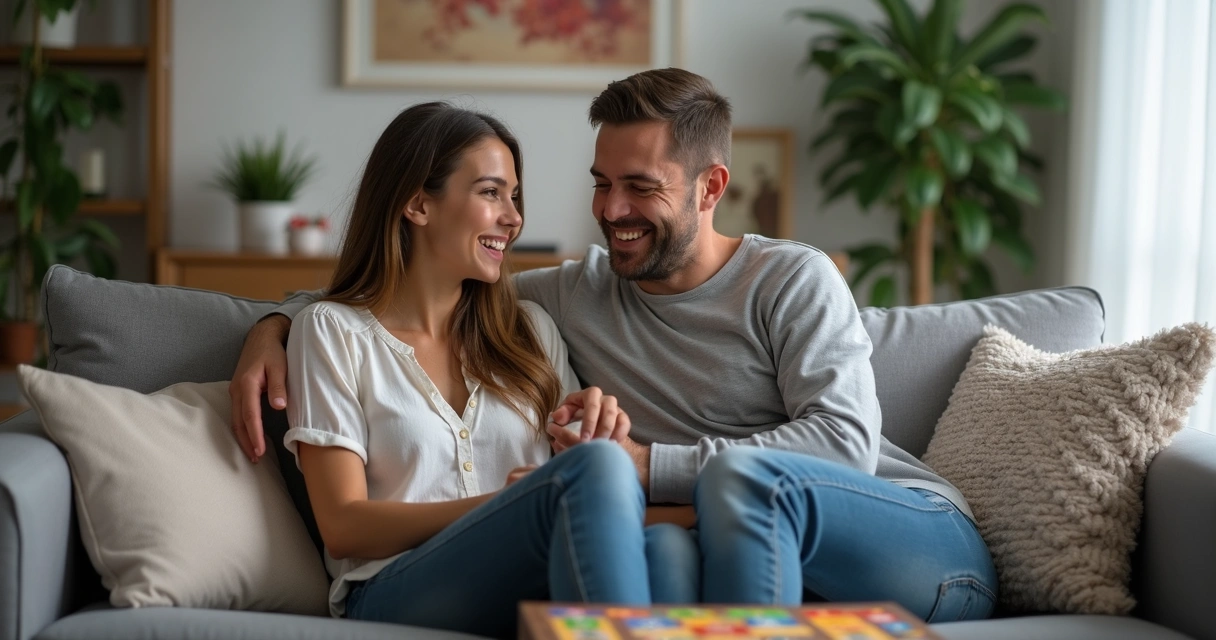 Casal sorrindo à vontade no sofá, rindo durante um momento de descontração 