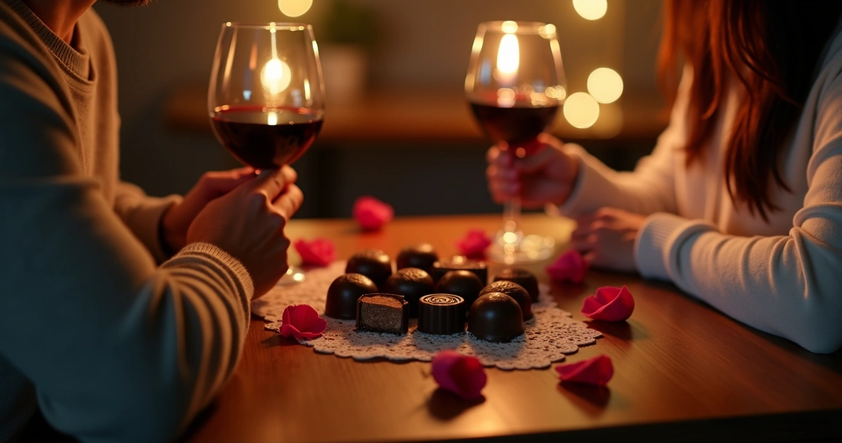Casal compartilhando chocolates em uma caixa sofisticada 