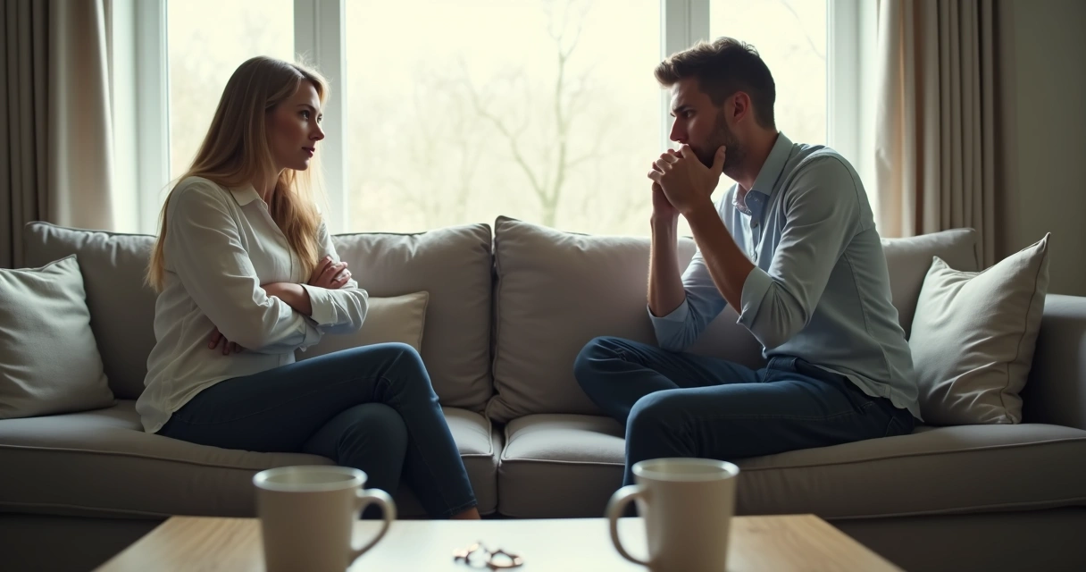 Casal em sofá separado com expressão de afastamento após conflito emocional 