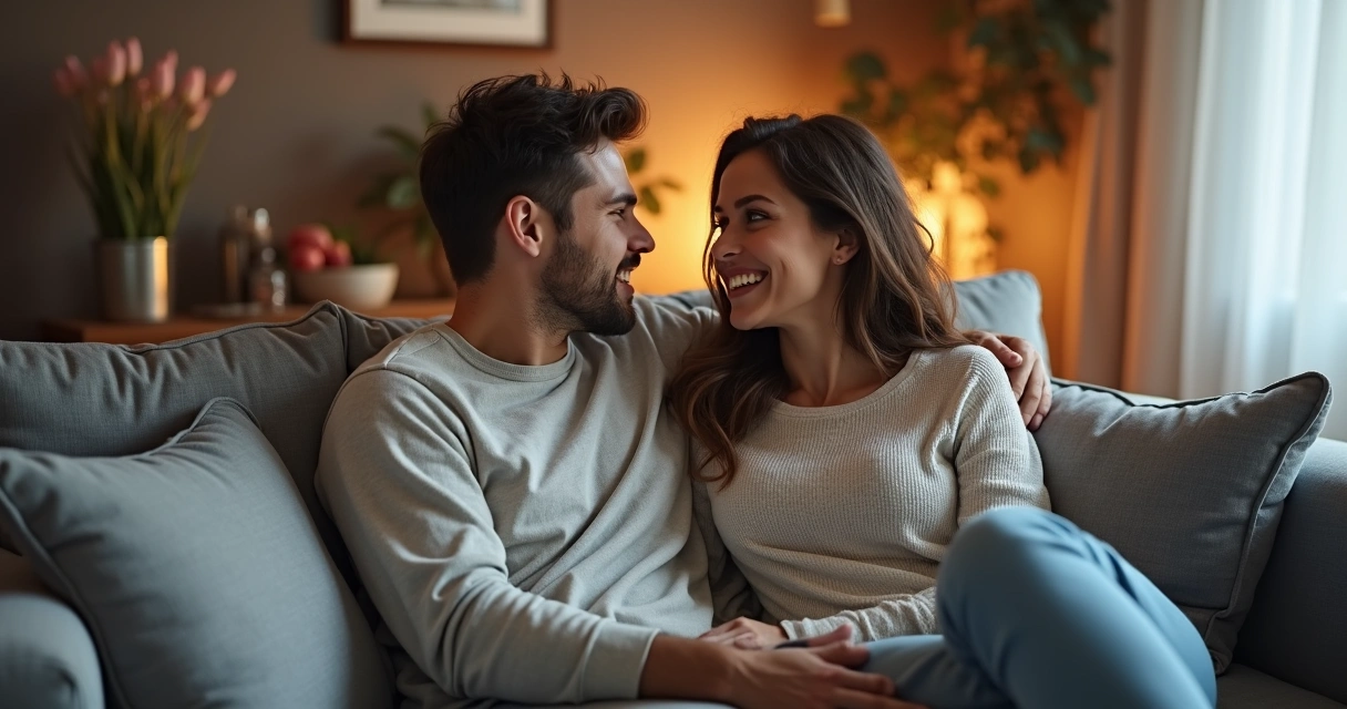 Casal conversando conectado em sofá após cirurgia ginecológica 