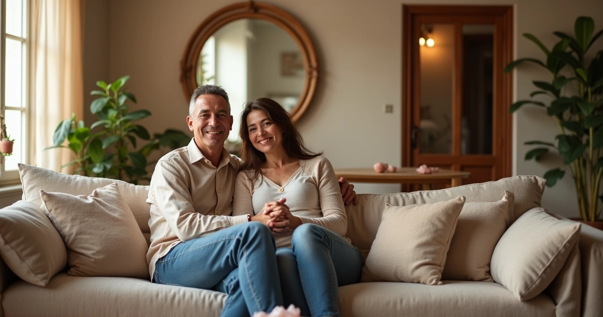Casal segurando as mãos na sala cercados por plantas e itens de proteção 