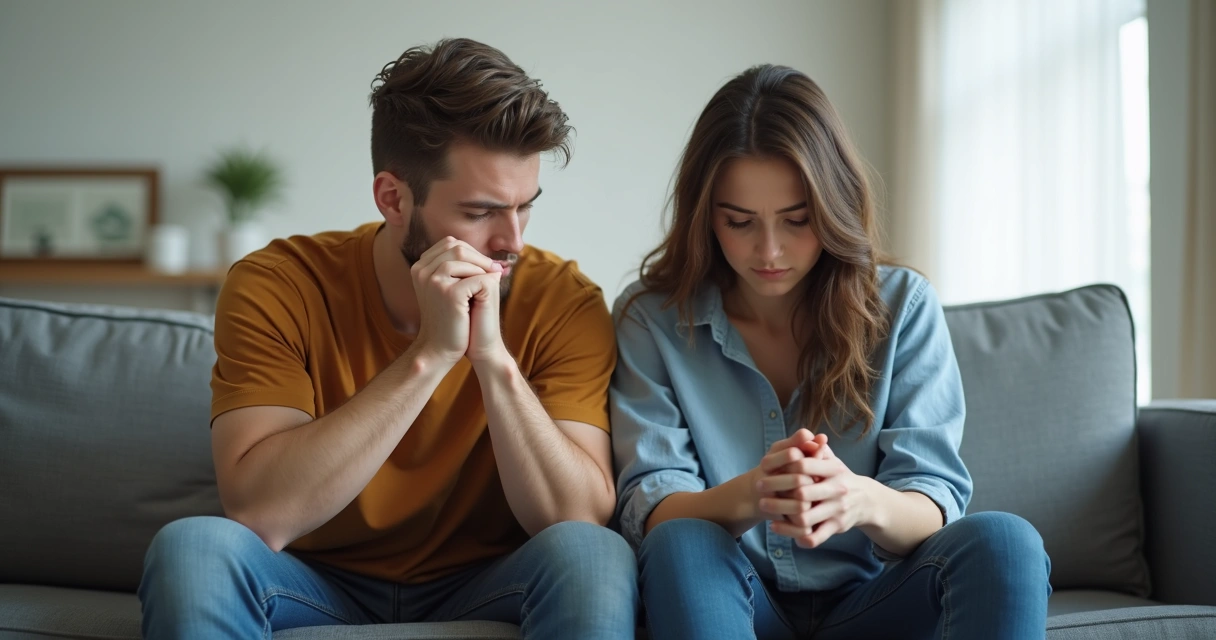 Casal sentado distante em um sofá, visivelmente desconectado 