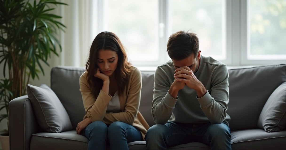 Homem e mulher casados sentados separados no sofá, ambos olhando para baixo, clima de tensão e tristeza no ambiente. 