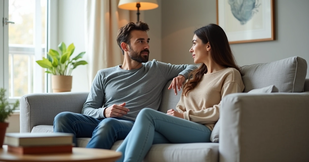 Casal sentado em sofá conversando com atenção e calma 