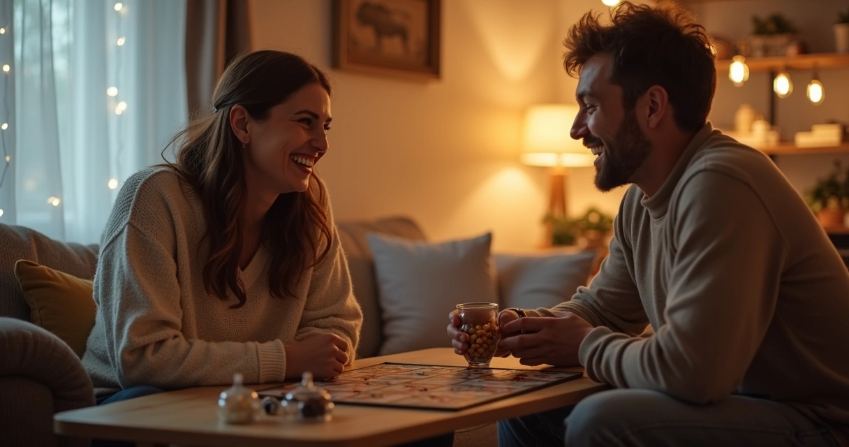 Casal sorrindo jogando jogos de tabuleiro na sala iluminada por luzes suaves 