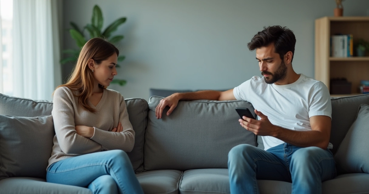 Casal em lados opostos do sofá em ambiente tenso 