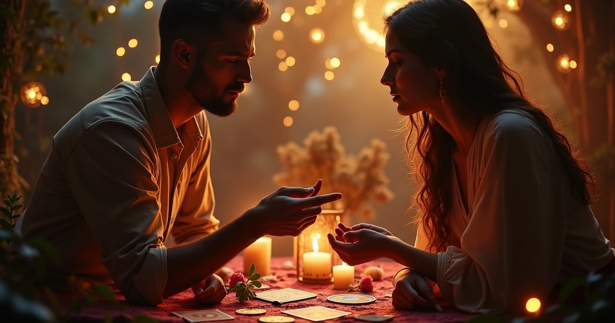 Casal diante de altar cigano com cartas de tarot e velas acesas 