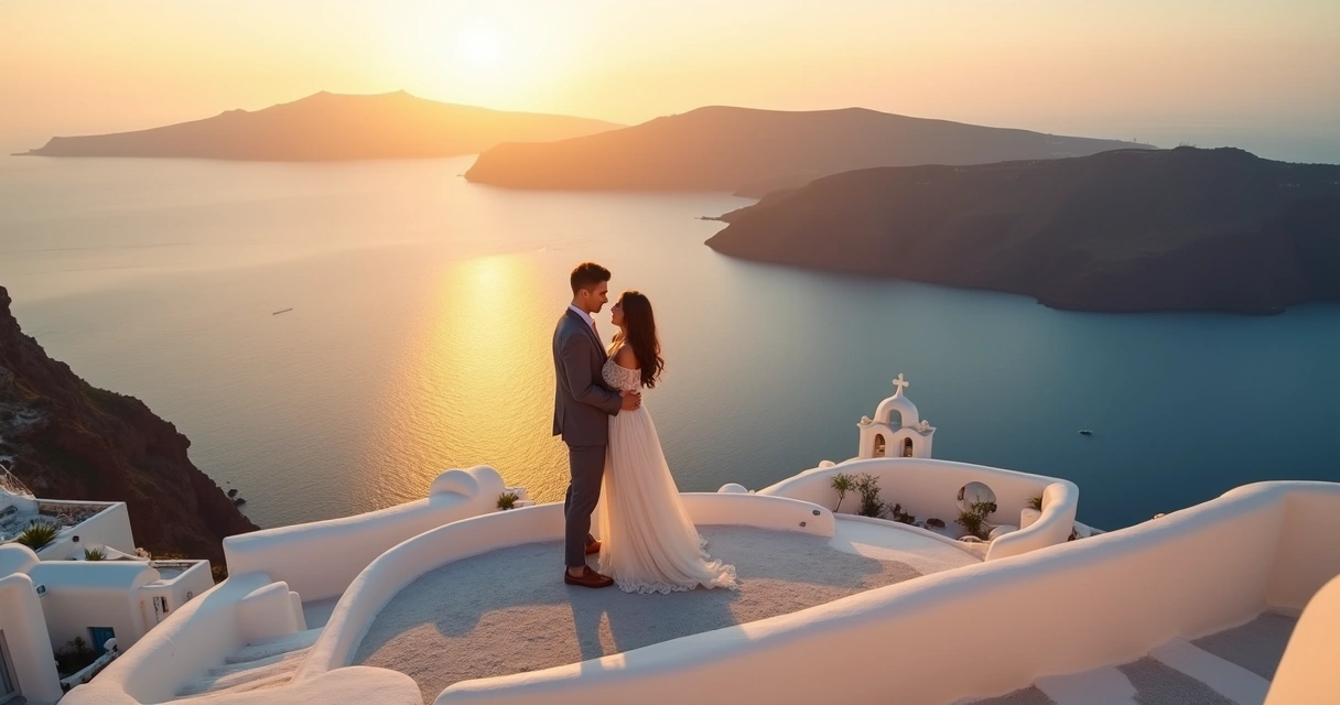 Casal apreciando o pôr do sol em terraço branco sobre o mar em Santorini 