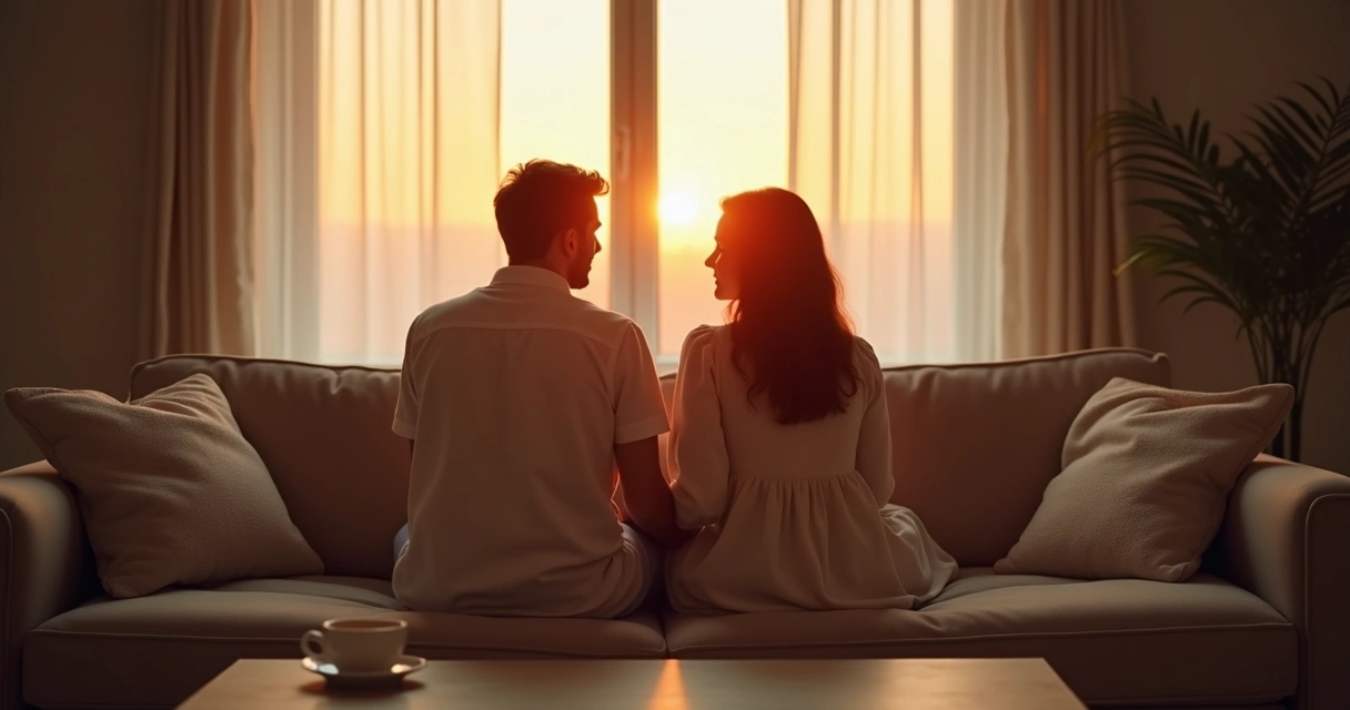 Casal sentado em silêncio no sofá ao entardecer 