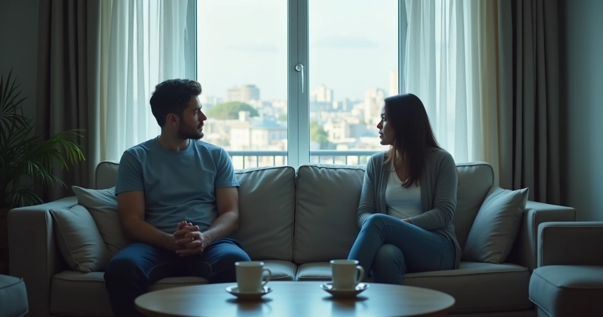 Casal sentado em silêncio no sofá após discussão