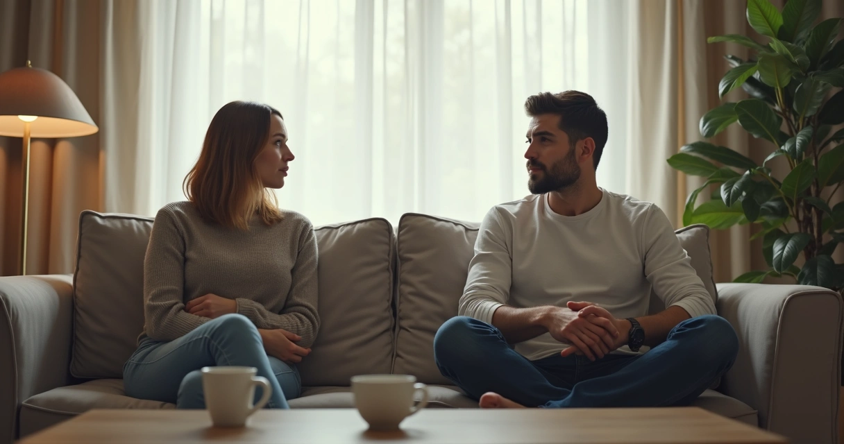 Casal sentado em silêncio no sofá