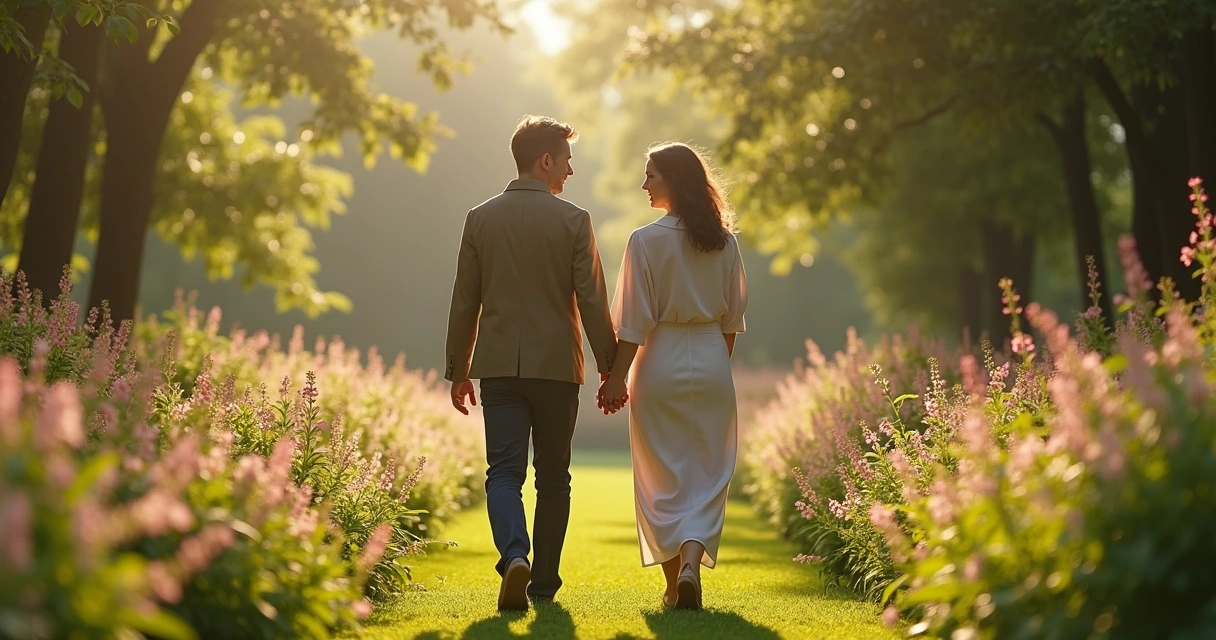 Casal caminhando em jardim trocando olhares de empatia