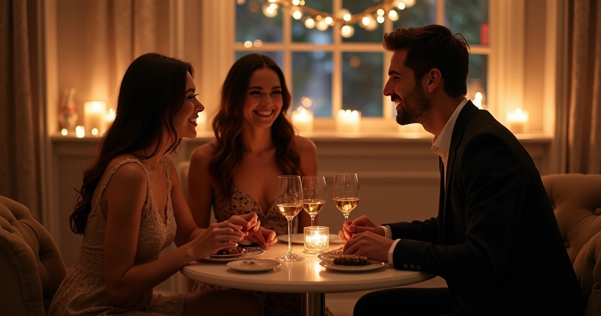 Casal sentado à mesa com chocolates artesanais e uma terceira pessoa, clima descontraído e elegante ao redor 