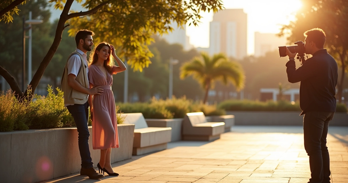 Casal sendo fotografado em ensaio externo em praça urbana iluminada ao pôr do sol 