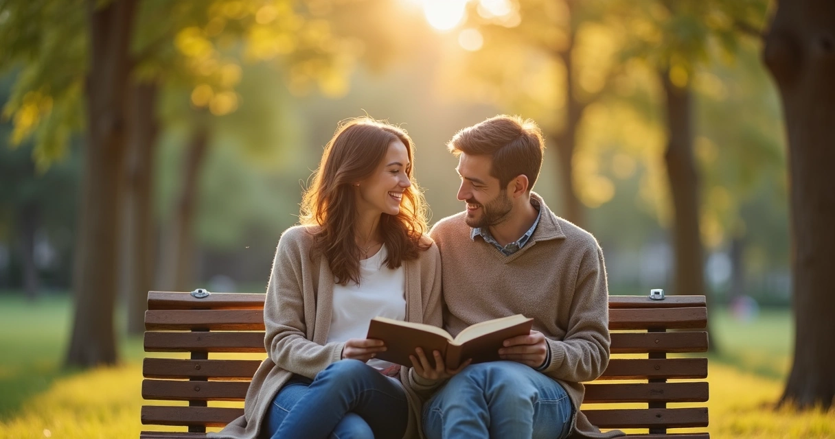 Casal sorrindo, sentados em banco de praça, cada um segurando um livro 