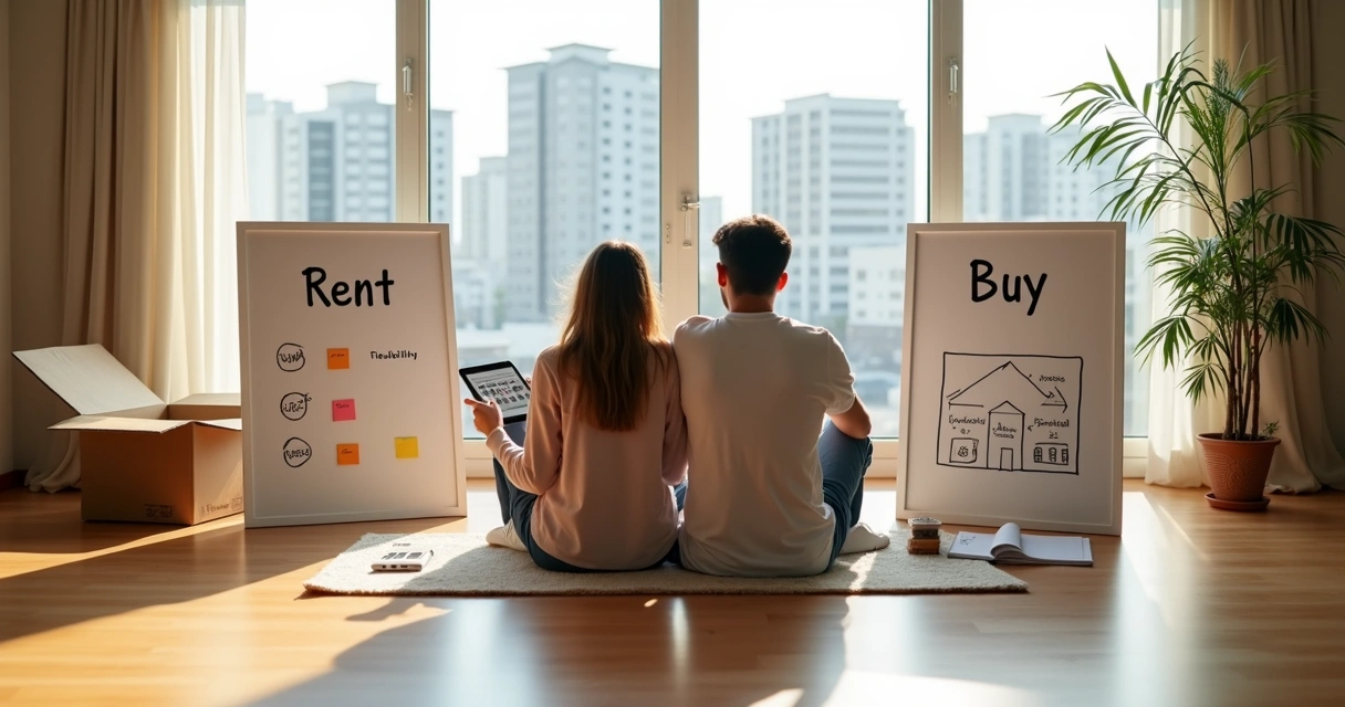 Casal em sala vazia comparando opções de aluguel e financiamento 