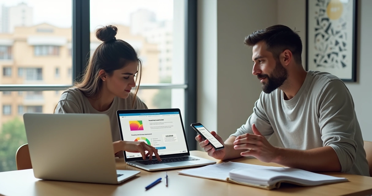 Casal jovem comparando opções de financiamento imobiliário em notebook e smartphone 