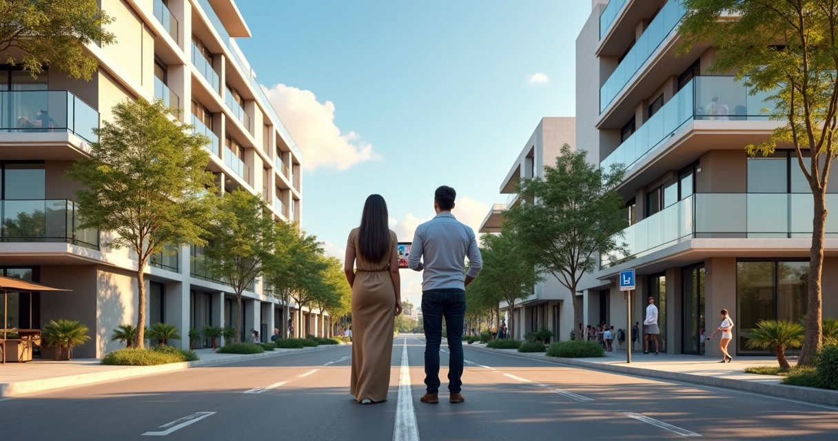 Casal observando fachada de prédio residencial moderno com corretora mostrando opções em tablet 